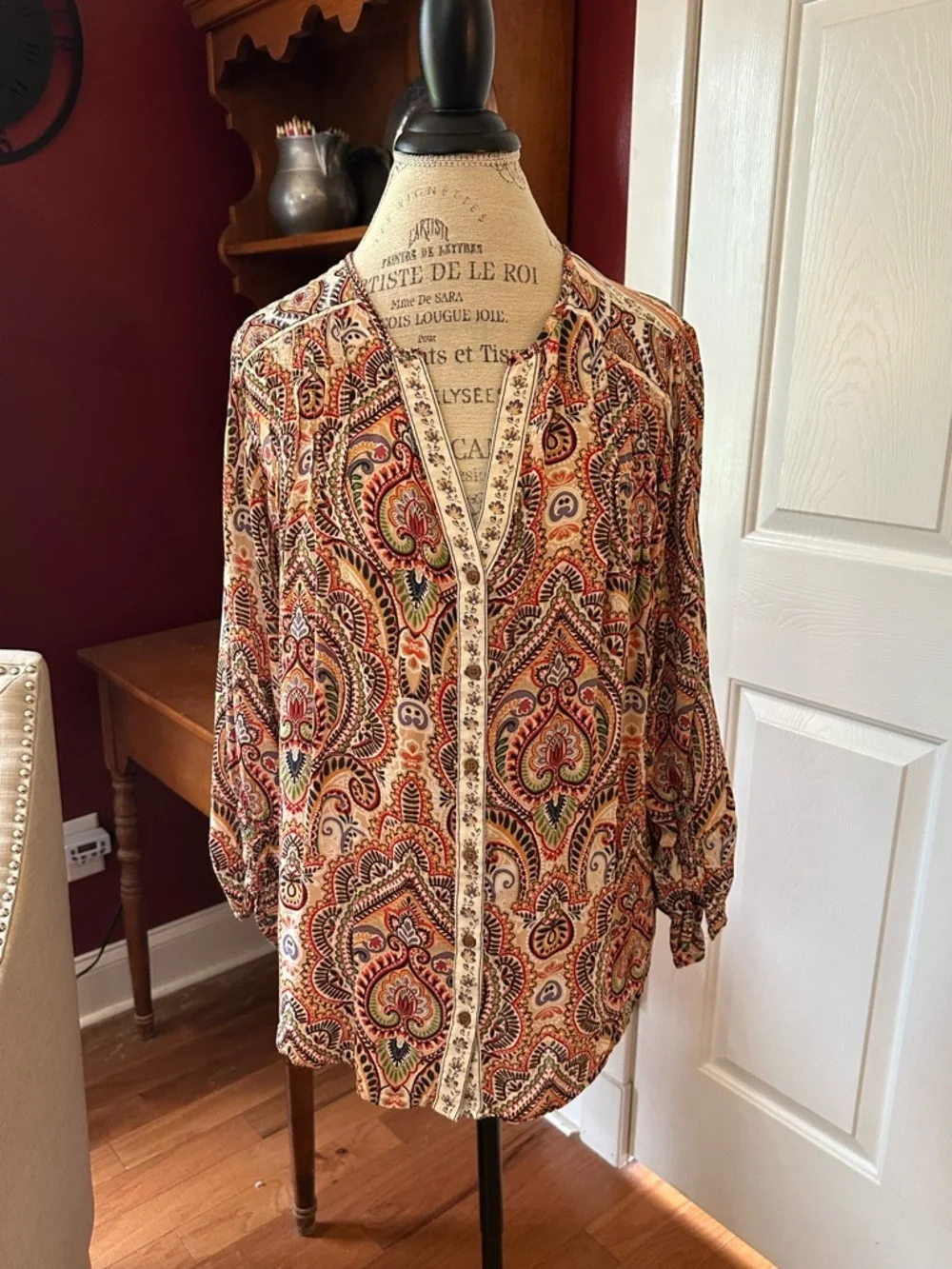 Democracy Paisley Split-Neck Blouse in Red, Cream and Green